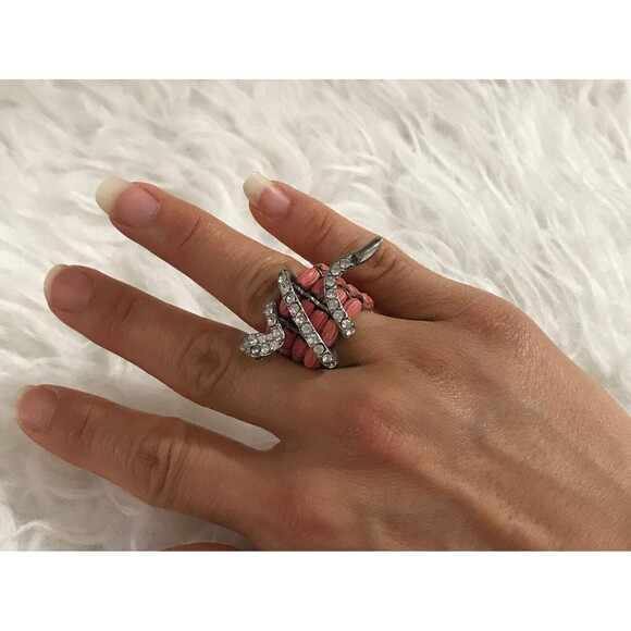 Vintage adjustable statement snake stretch ring crystal embellishment‎ coral - Picture 1 of 5